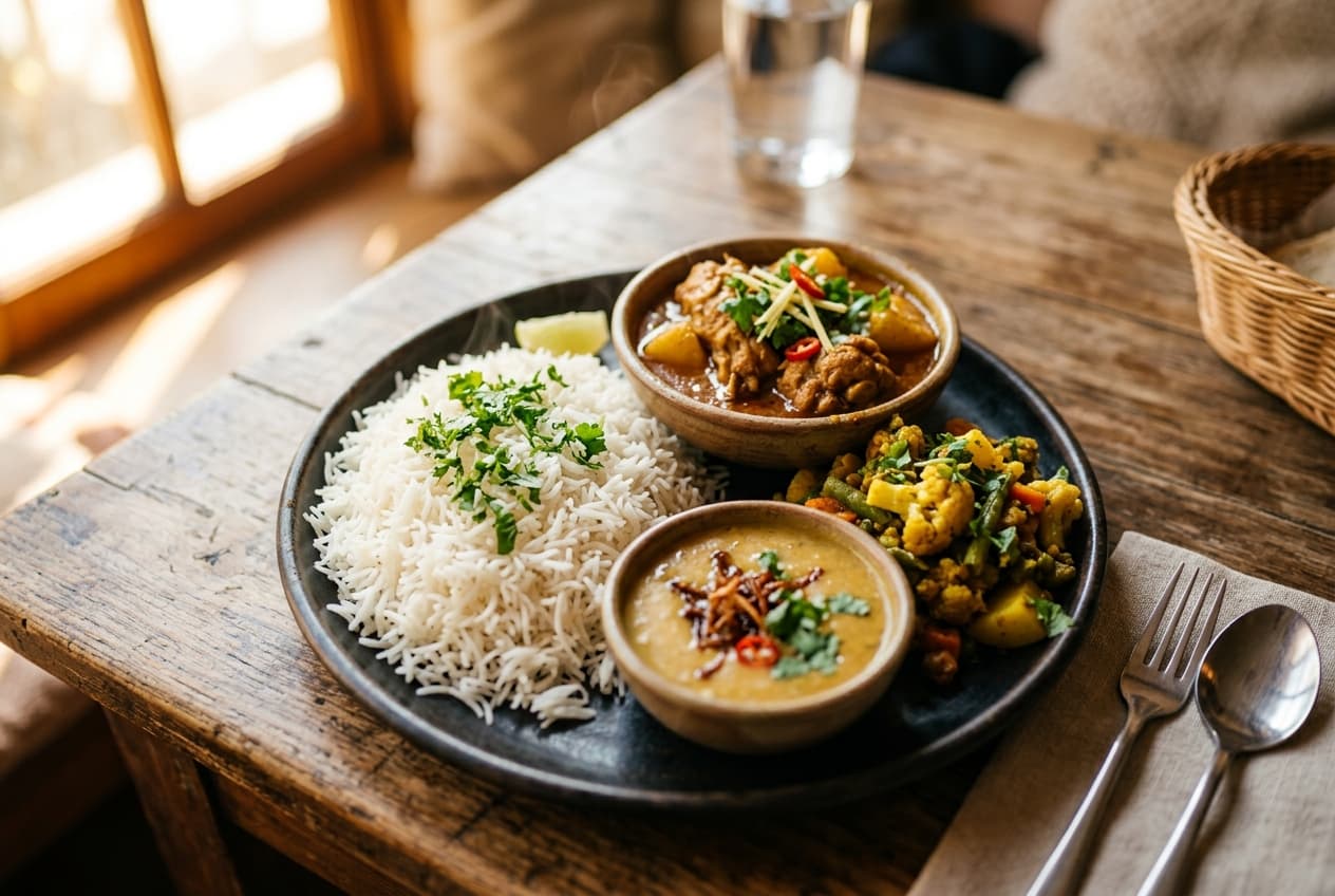 Taste & Quality Bangladeshi lunch plate with rice, chicken curry, dal, and vegetables